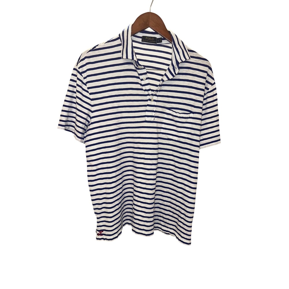 Polo Ralph Lauren Mens Large Blue White Striped Short Sleeve Pocket Polo Shirt